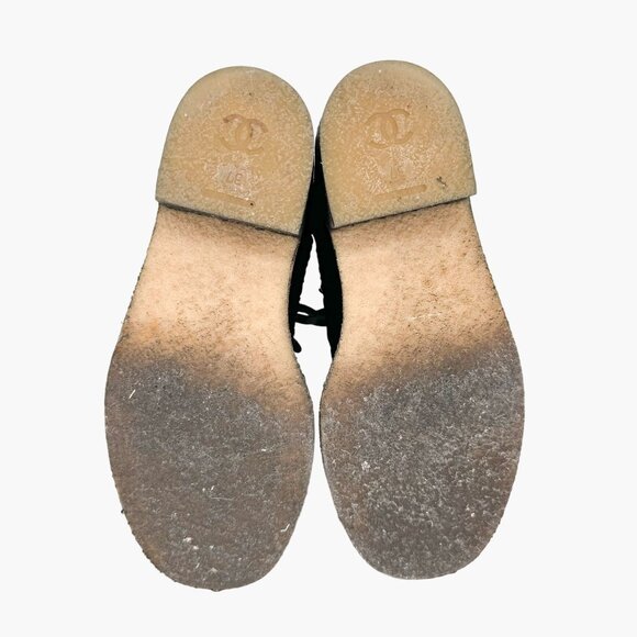 Chanel Tweed Combat Boots EU 37 US 6-6.5 Black CC Chain Quilted Lace Up Ankle - Picture 9 of 11